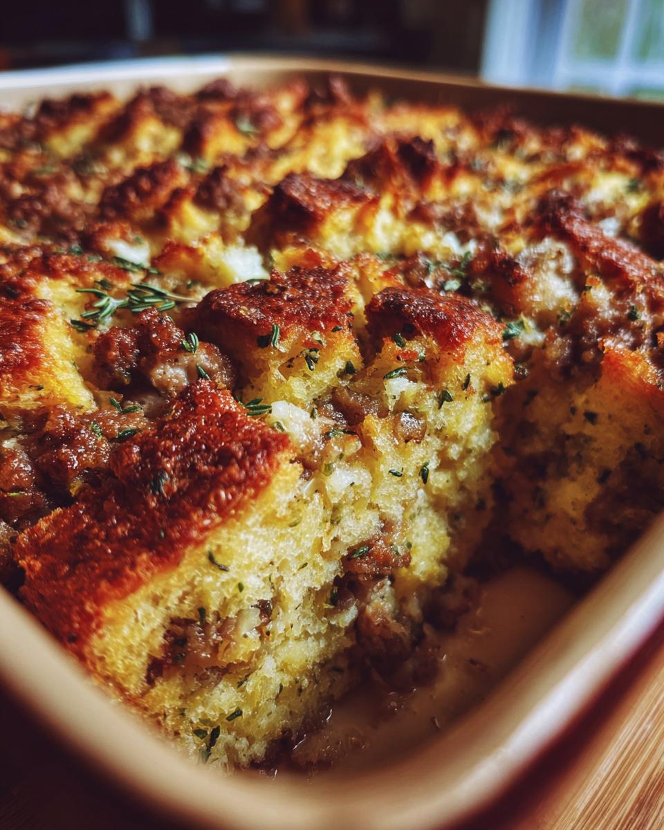 Close-up of a golden-brown turkey stuffing recipe baked in a casserole dish, with visible herbs and sausage.