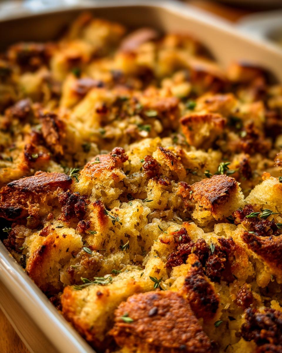 Close-up of a golden brown turkey stuffing recipe, baked in a dish with herbs.