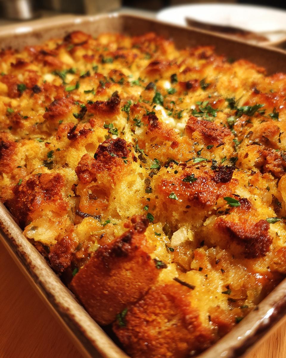 Close-up of a golden-brown turkey stuffing recipe baked in a rustic dish, sprinkled with fresh parsley.