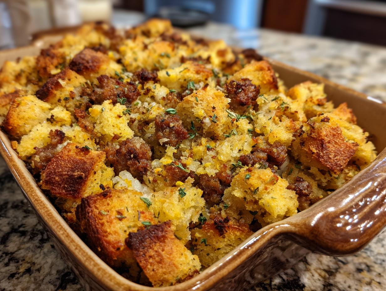 Close-up of a golden-brown turkey stuffing recipe baked in a ceramic dish, with visible chunks of bread and sausage.