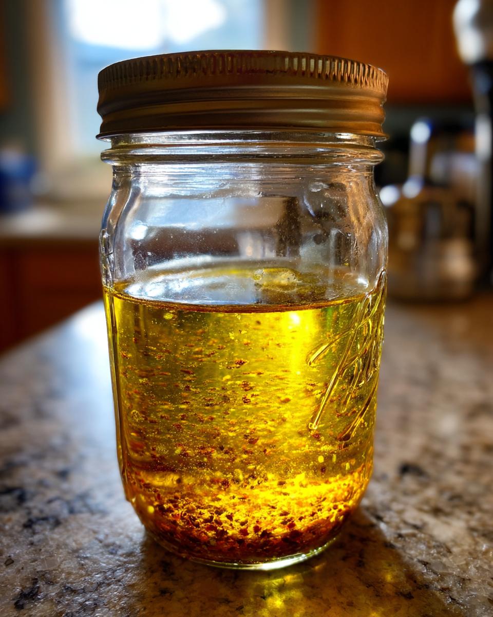 Close-up of a glass jar filled with homemade vinaigrette salad dressing, showing oil and spices.