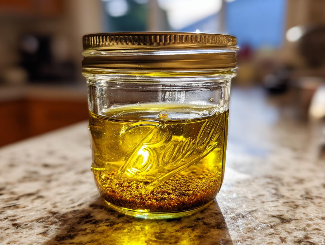 A close-up of a glass jar filled with golden vinaigrette salad dressing and spices settled at the bottom.