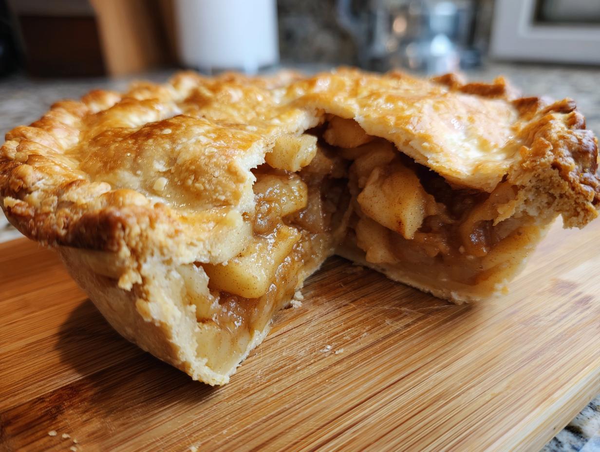 A close-up of a slice of XXL apple pie, revealing a generous filling of spiced apples and a flaky, golden-brown crust.
