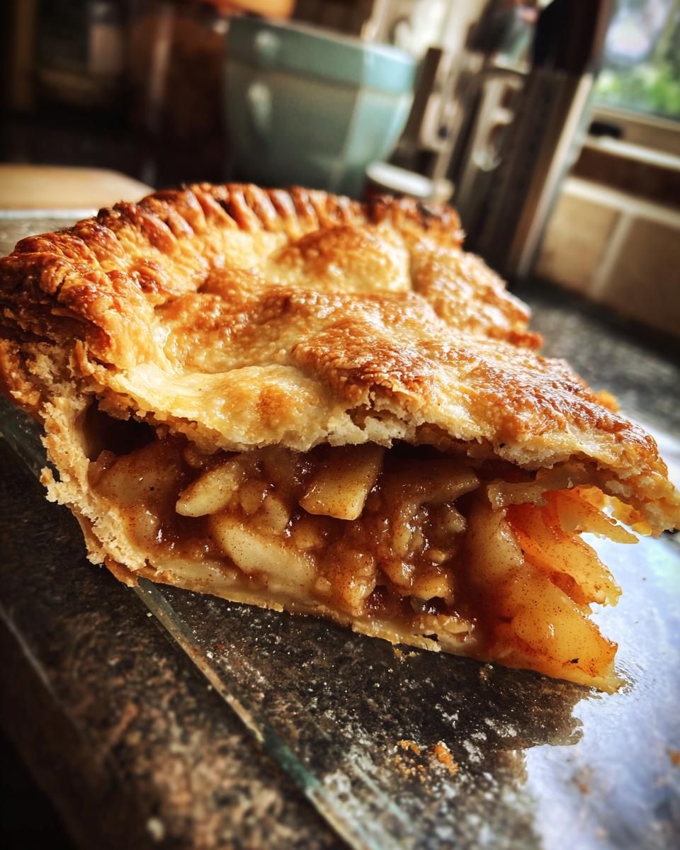 A generous slice of XXL apple pie, showcasing a flaky golden crust and a filling of tender, spiced apples.