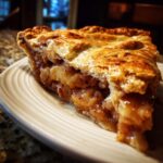 A close-up of a generous slice of XXL apple pie, showcasing the flaky golden crust and abundant apple filling.