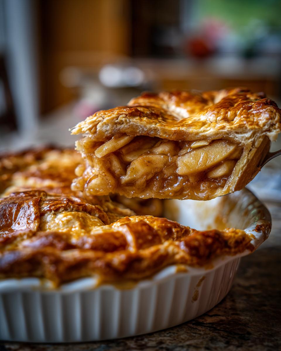 A close-up of a slice being lifted from an XXL apple pie, revealing tender apple filling and a flaky, golden-brown crust.