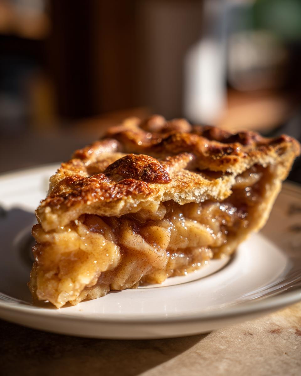 A generous slice of XXL apple pie on a white plate, showcasing a golden lattice crust and a thick filling of tender apples.