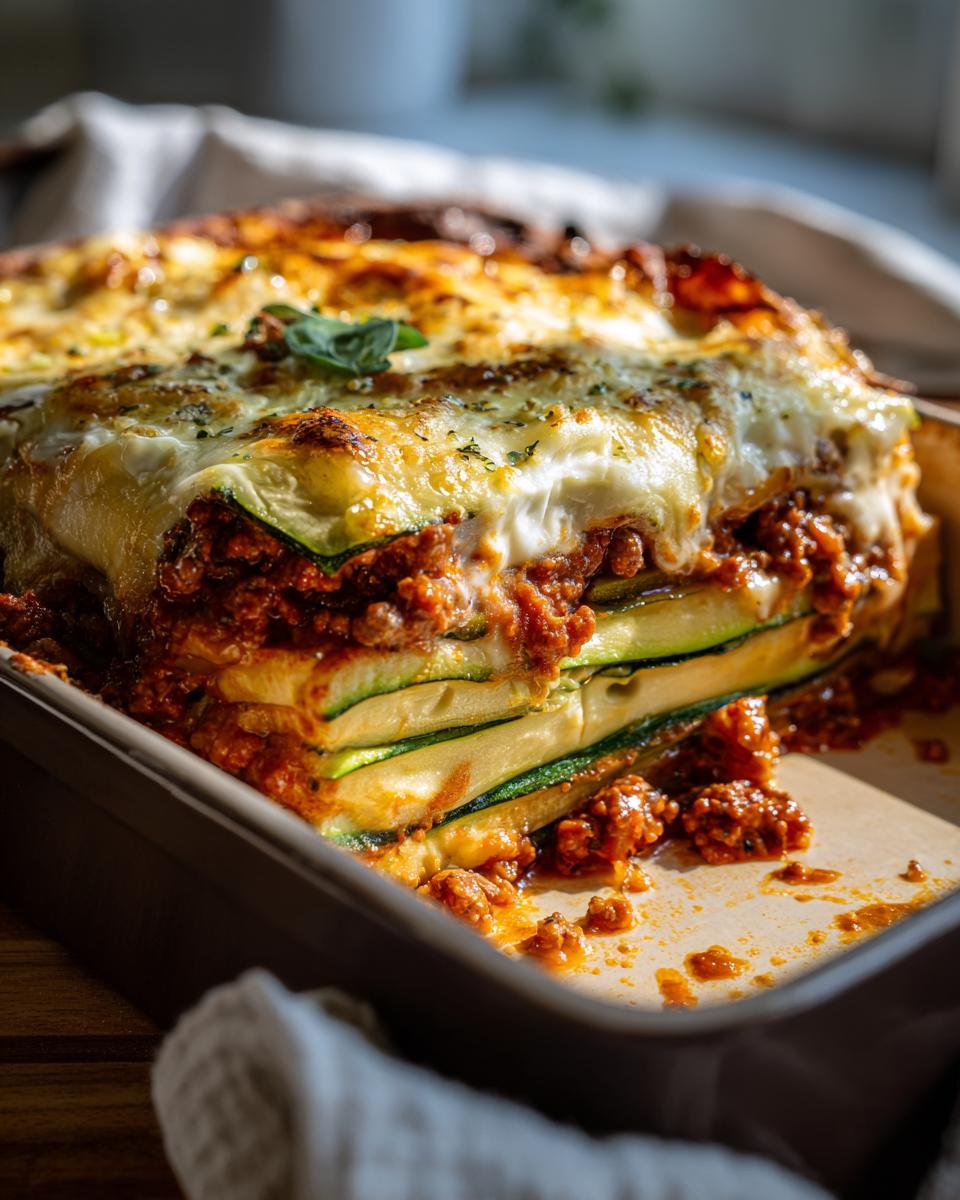 Close-up of a freshly baked Zucchini Lasagna in a baking dish, showing layers of zucchini, meat sauce, and melted cheese.