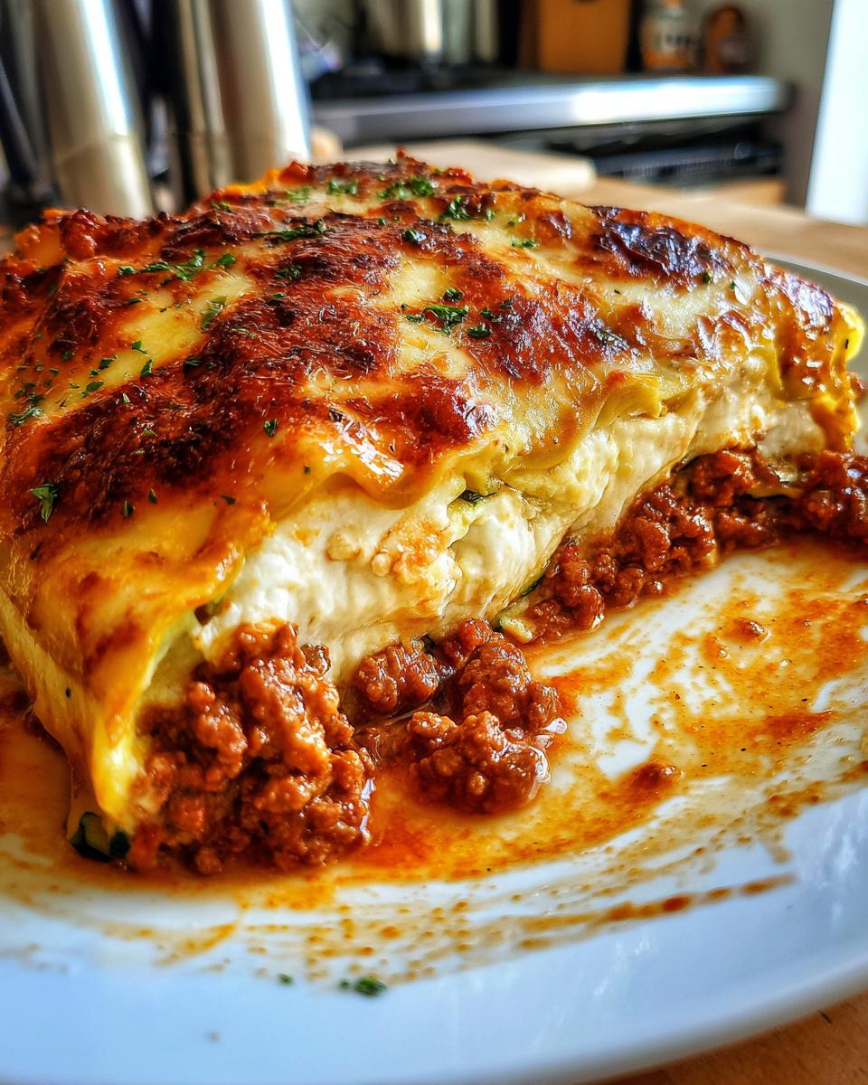 A close-up of a generous slice of zucchini lasagna, featuring layers of meat sauce, creamy cheese, and zucchini noodles, topped with melted, browned cheese.