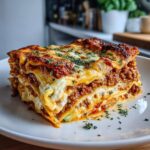 A mouthwatering slice of Zucchini Lasagna, showcasing layers of meat sauce, cheese, and zucchini noodles.