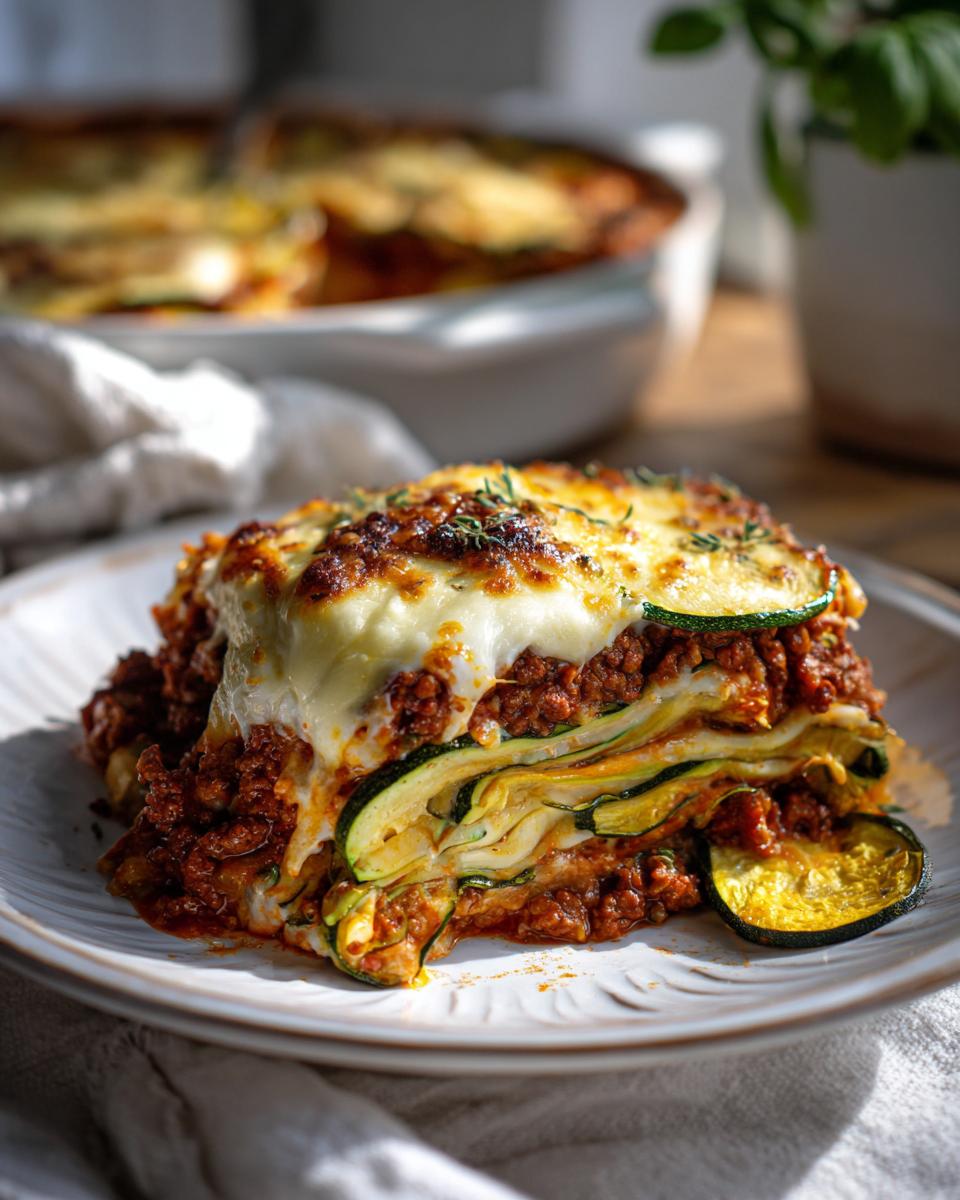 A close-up of a hearty slice of zucchini lasagna, featuring layers of zucchini noodles, rich meat sauce, and melted cheese.