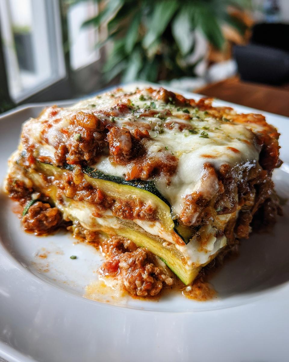 A mouthwatering slice of zucchini lasagna, featuring layers of zucchini noodles, rich meat sauce, and melted cheese.