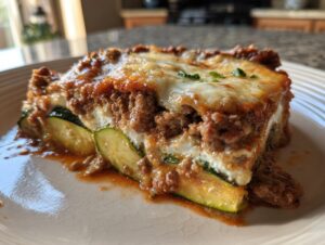 A close-up of a hearty slice of zucchini lasagna, featuring layers of zucchini, ricotta cheese, and meat sauce, topped with melted mozzarella.
