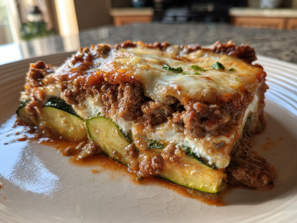 A close-up of a hearty slice of zucchini lasagna, featuring layers of zucchini, ricotta cheese, and meat sauce, topped with melted mozzarella.