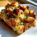 A close-up serving of golden brown bread stuffing mixed with sautéed onions and fresh green herbs.