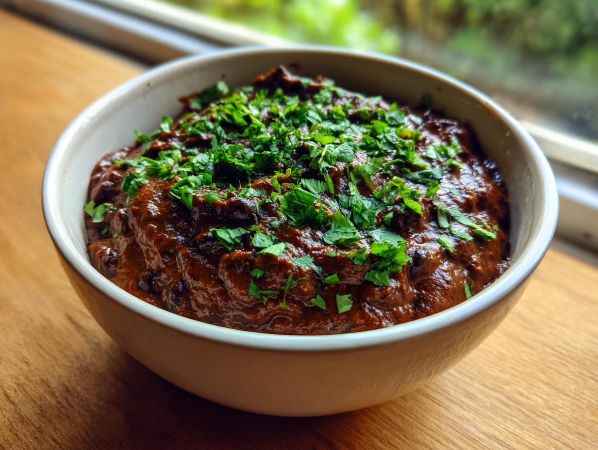 A close-up of rich, dark brown black bean dip in a white bowl, garnished generously with fresh chopped cilantro.