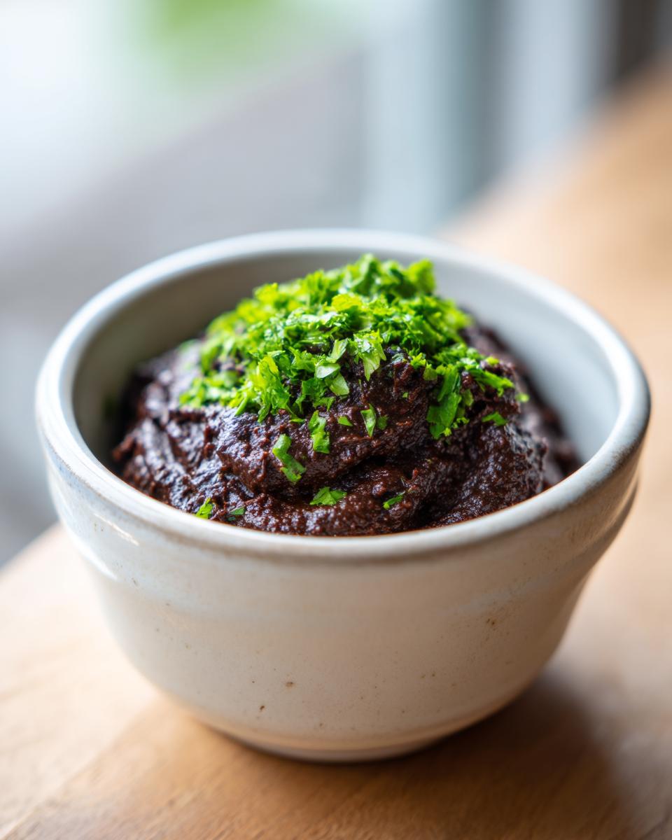 Close-up of rich, dark black bean dip served in a small white bowl, garnished with chopped green parsley.