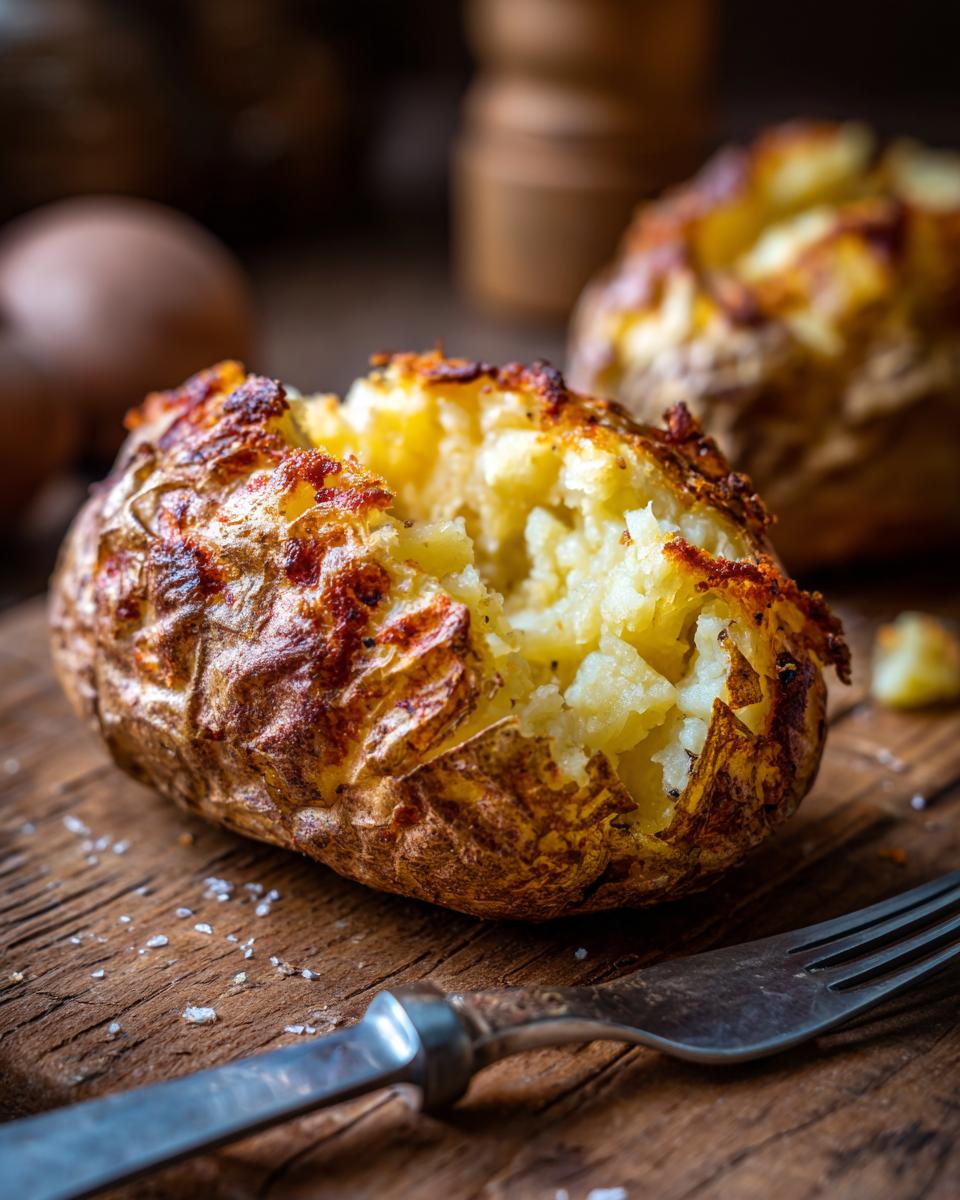 Close-up of a perfectly cooked air fryer baked potato with a crispy skin and fluffy interior, ready to be eaten.