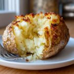 A perfectly cooked air fryer baked potato with a crispy golden-brown skin and fluffy interior, served on a white plate with a fork.