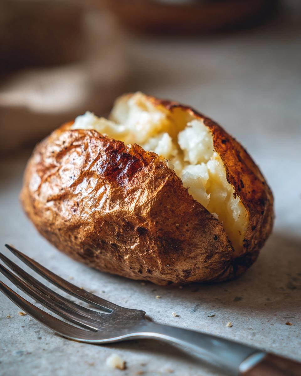 Close-up of a perfectly crispy air fryer baked potato, split open to reveal fluffy insides, with a fork beside it.