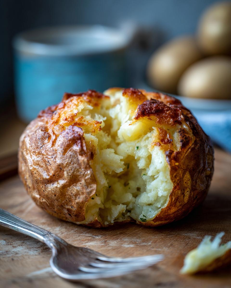 A perfectly cooked air fryer baked potato with a golden-brown, crispy skin, split open to reveal fluffy insides.