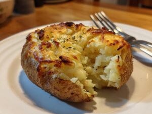 A perfectly crispy air fryer baked potato topped with melted cheese and herbs, served on a white plate with a fork.
