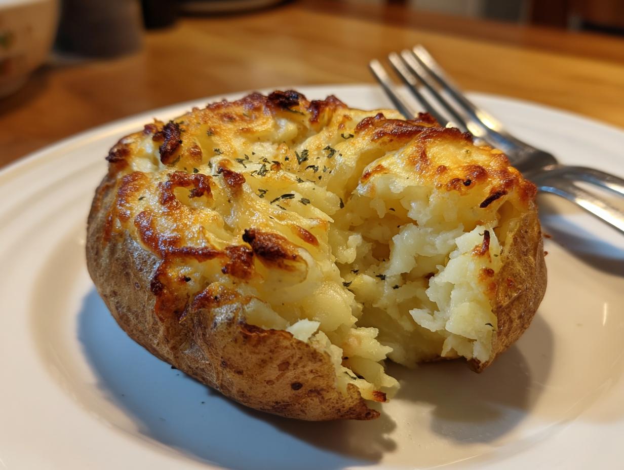 A perfectly crispy air fryer baked potato topped with melted cheese and herbs, served on a white plate with a fork.