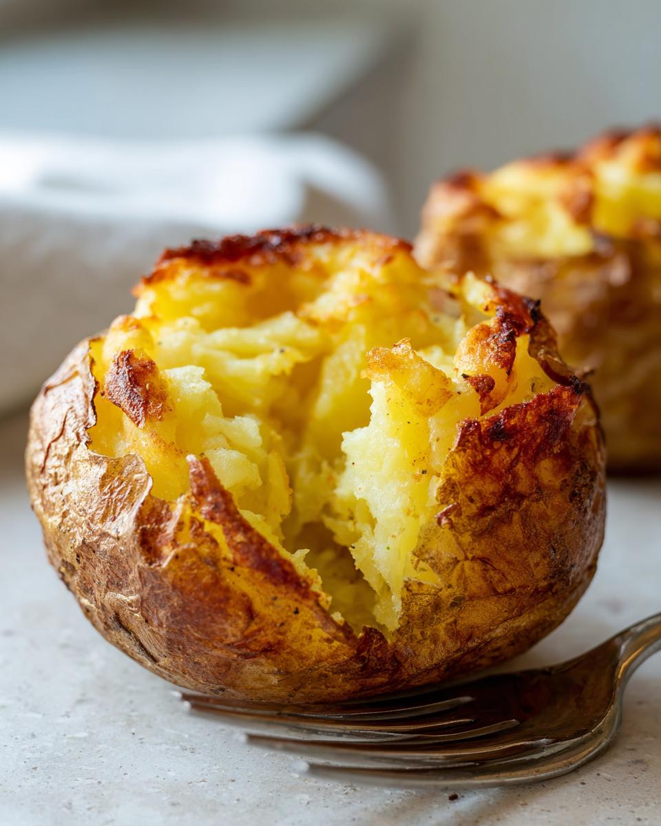 A perfectly cooked air fryer baked potato with a crispy skin and fluffy interior, resting on a fork.