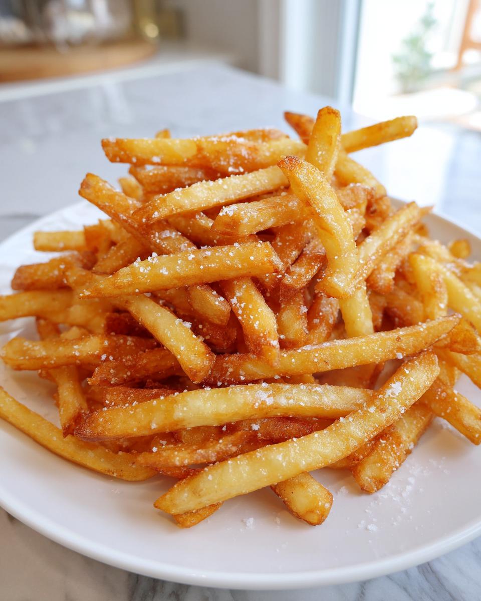 A close-up of a generous pile of golden, crispy air fryer french fries sprinkled heavily with coarse salt.