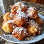 A pile of golden brown air fryer funnel cake bites generously dusted with powdered sugar on a gray plate.