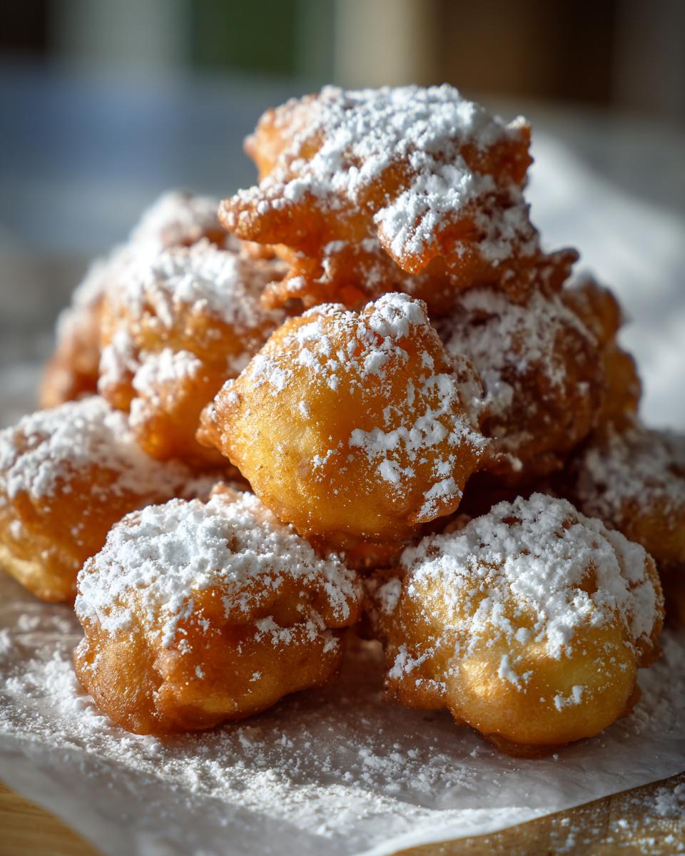 A close-up pile of golden-brown air fryer funnel cake bites generously dusted with powdered sugar.