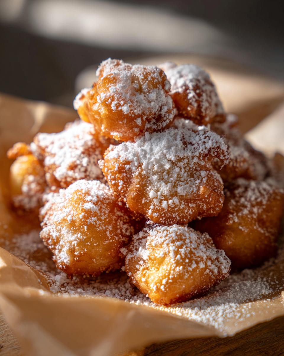 A close-up of golden brown air fryer funnel cake bites generously dusted with powdered sugar.