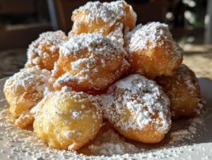 A pile of golden brown air fryer funnel cake bites generously dusted with powdered sugar.