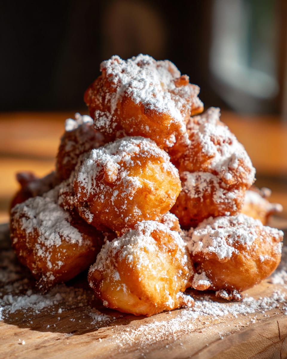 A pile of golden brown air fryer funnel cake bites dusted generously with powdered sugar on a wooden board.