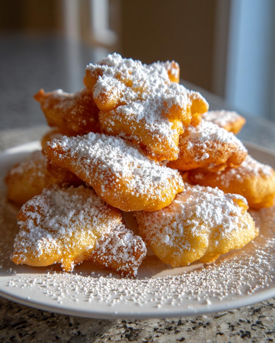 A pile of golden-brown air fryer funnel cake bites dusted generously with powdered sugar on a white plate.