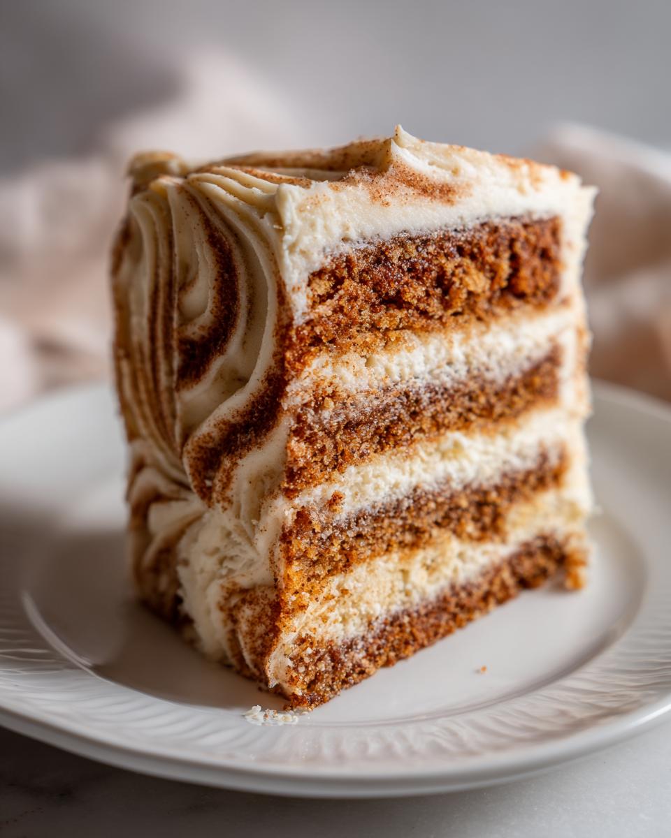 A tall, layered slice of amazing spice cake with cream cheese frosting swirled with cinnamon.
