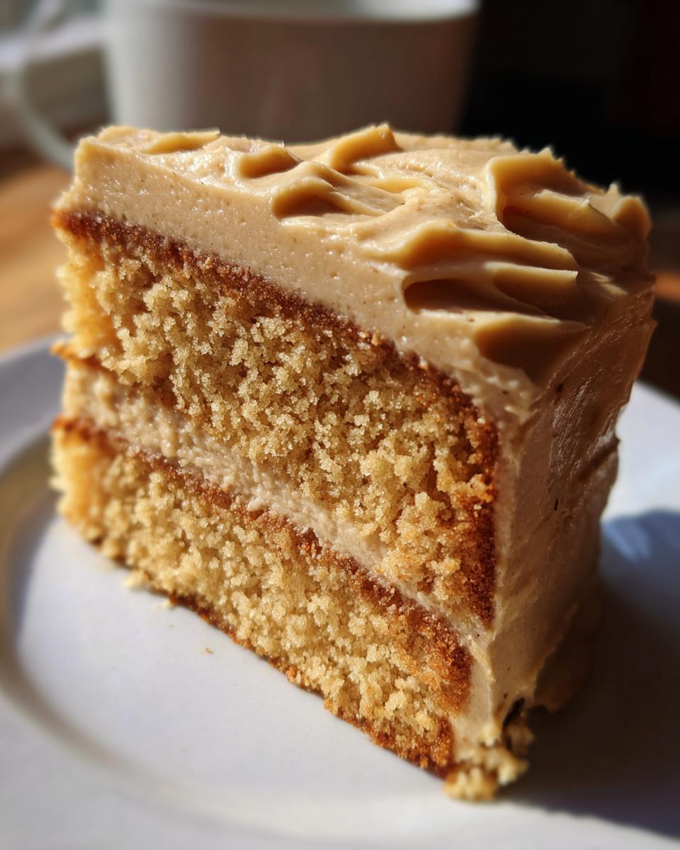 Close-up of a moist slice of spice cake with two layers and thick, creamy brown frosting.