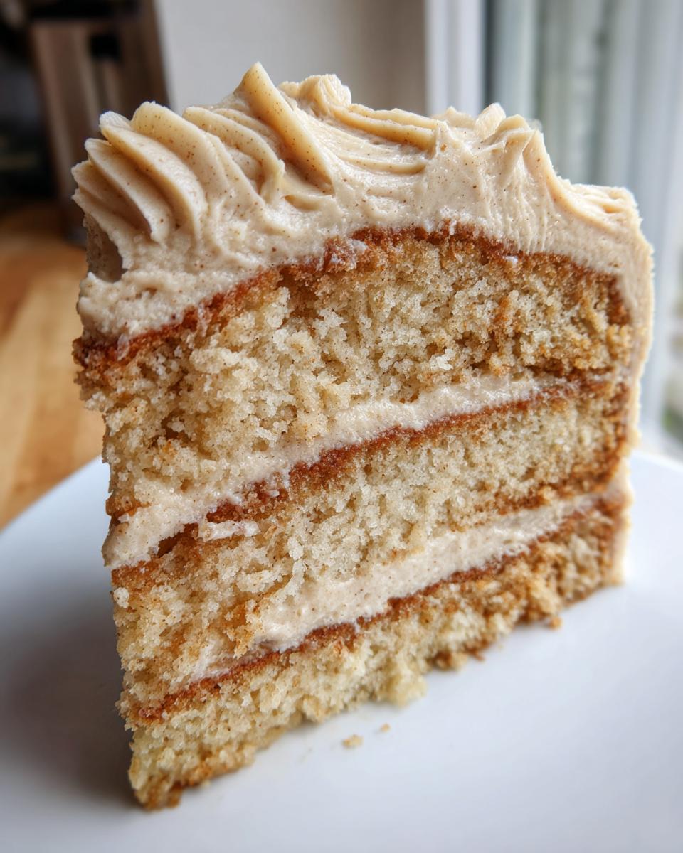 Close-up of a moist, multi-layered slice of spice cake with thick, piped brown sugar frosting.