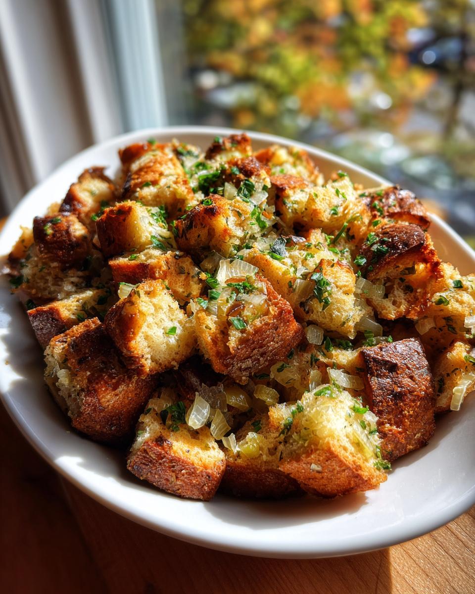 Close-up of golden brown bread cubes in a white bowl, ready for stuffing, topped with sautéed onions and herbs.