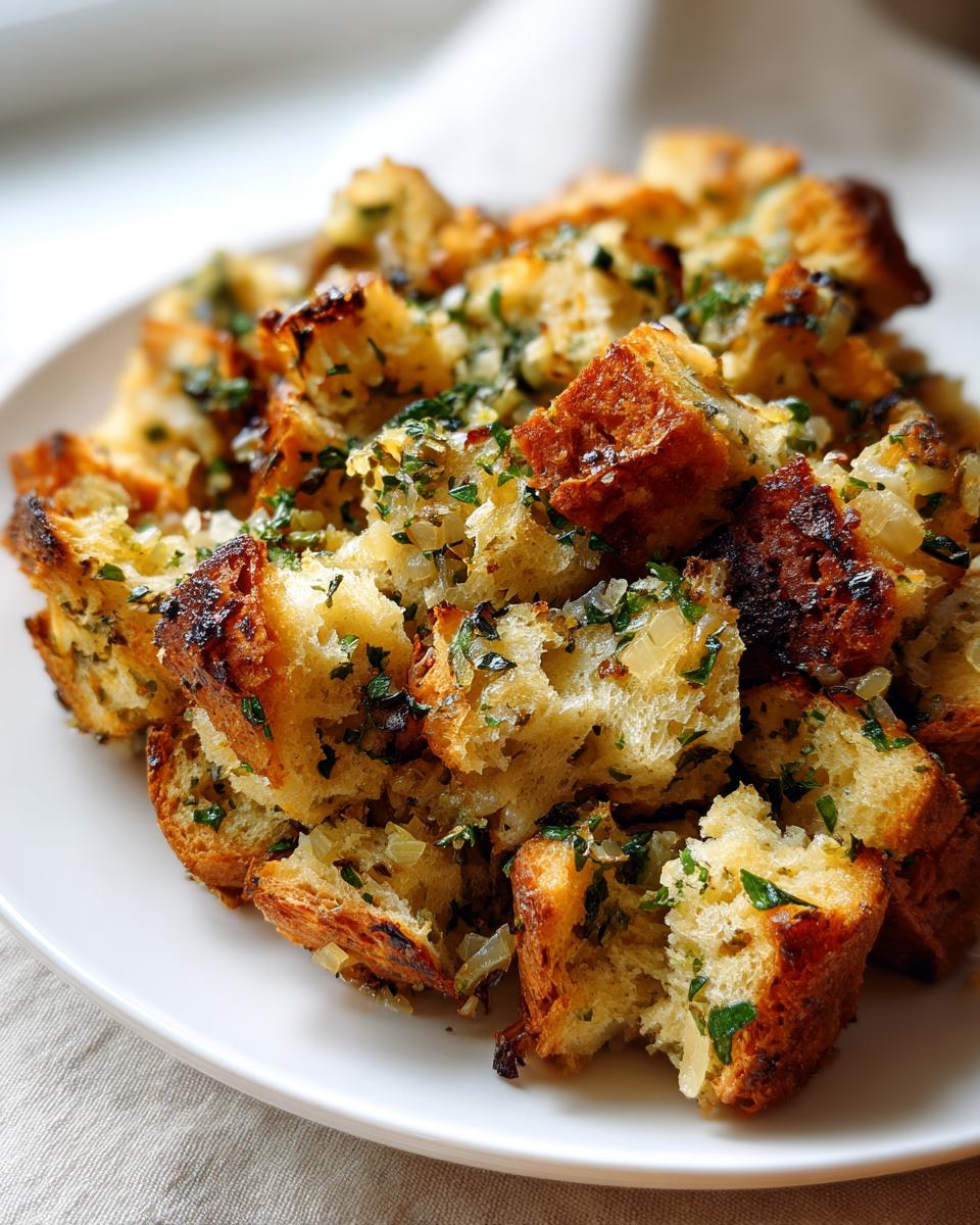 Close-up of golden brown bread cubes in a savory stuffing mixture with herbs and onions.