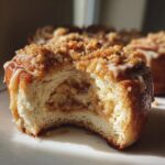 A close-up of a delicious apple cheesecake bun with a bite taken out, showing the soft interior and crumble topping.