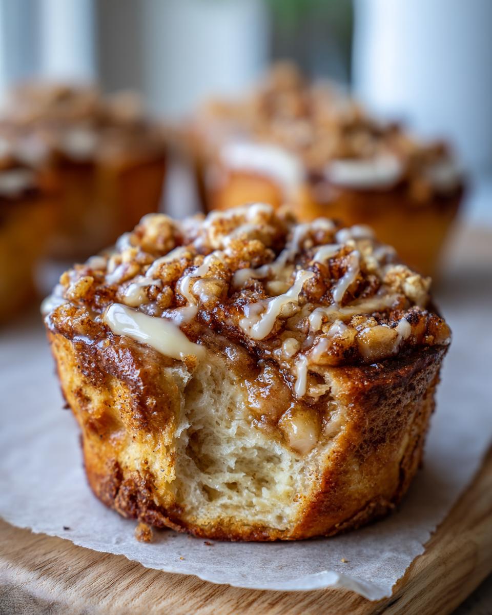 Close-up of a delicious apple cheesecake bun with a bite taken out, showing the soft interior and crumble topping.