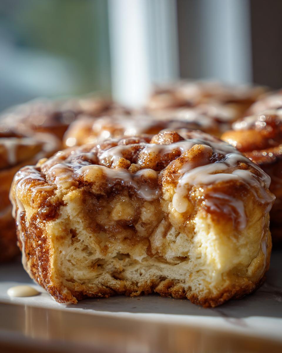 Close-up of a bite taken out of an apple cheesecake bun, showing the fluffy interior and cinnamon-apple filling.