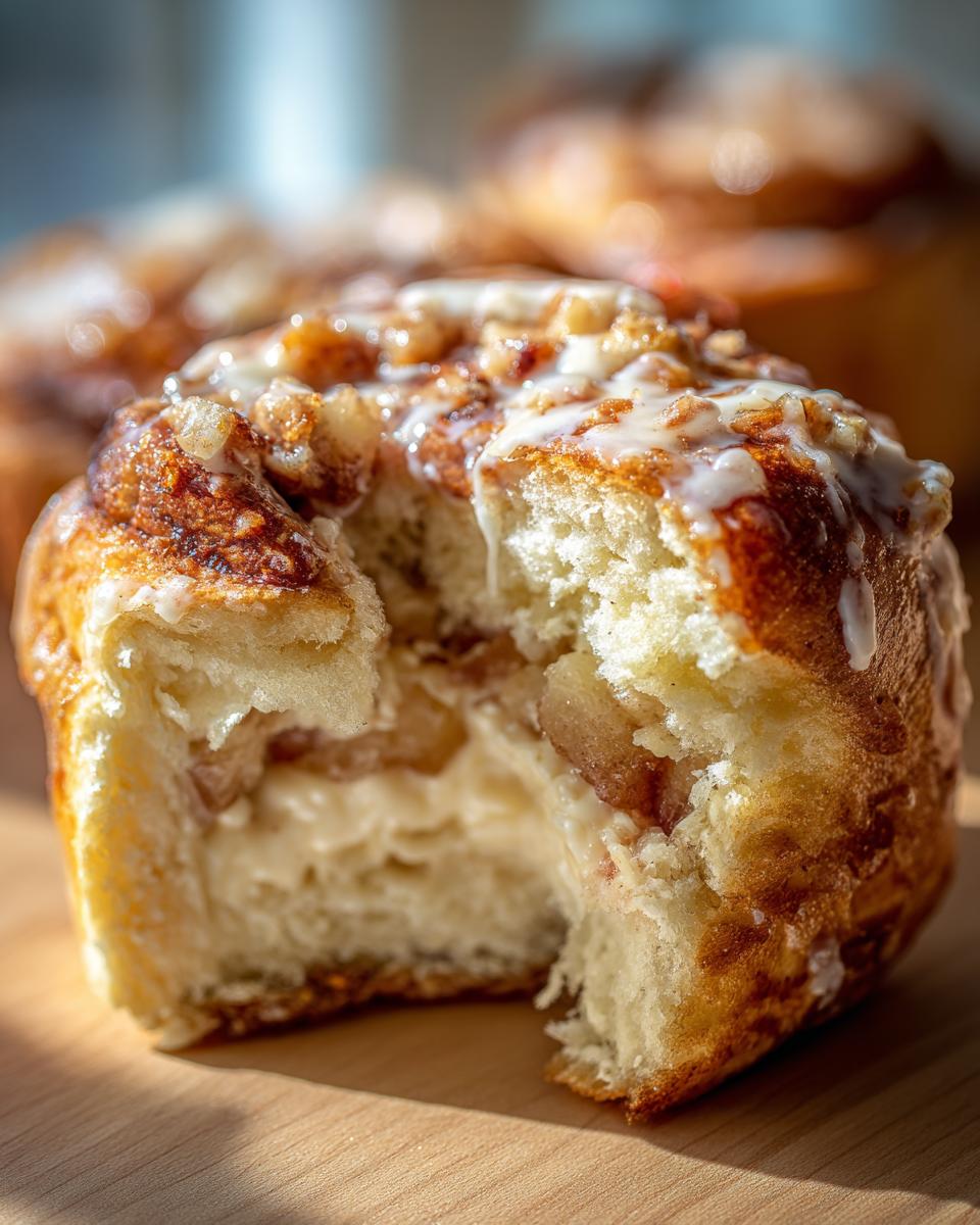 Close-up of a delicious apple cheesecake bun with a bite taken out, showing the creamy filling and apple pieces.