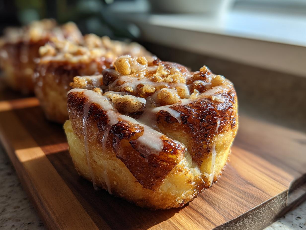 Close-up of freshly baked apple cheesecake buns topped with a sweet glaze and crumble.