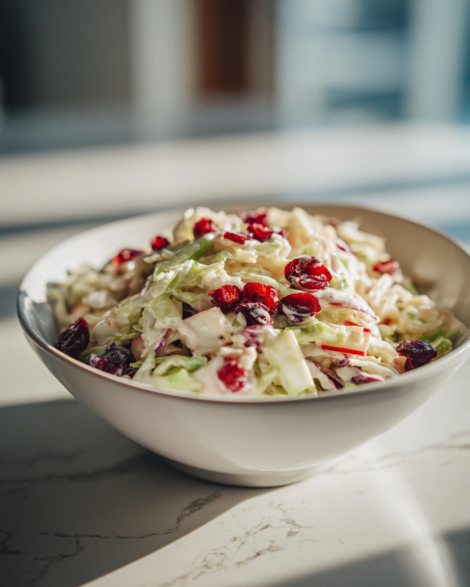 A close-up of a white bowl filled with creamy apple cranberry coleslaw, topped with dried cranberries.