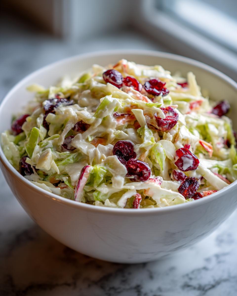A close-up of creamy apple cranberry coleslaw in a white bowl, featuring shredded cabbage and dried cranberries.