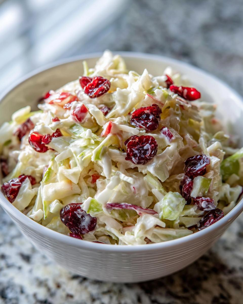 A close-up shot of creamy apple cranberry coleslaw featuring shredded cabbage, apple pieces, and dried cranberries in a white bowl.