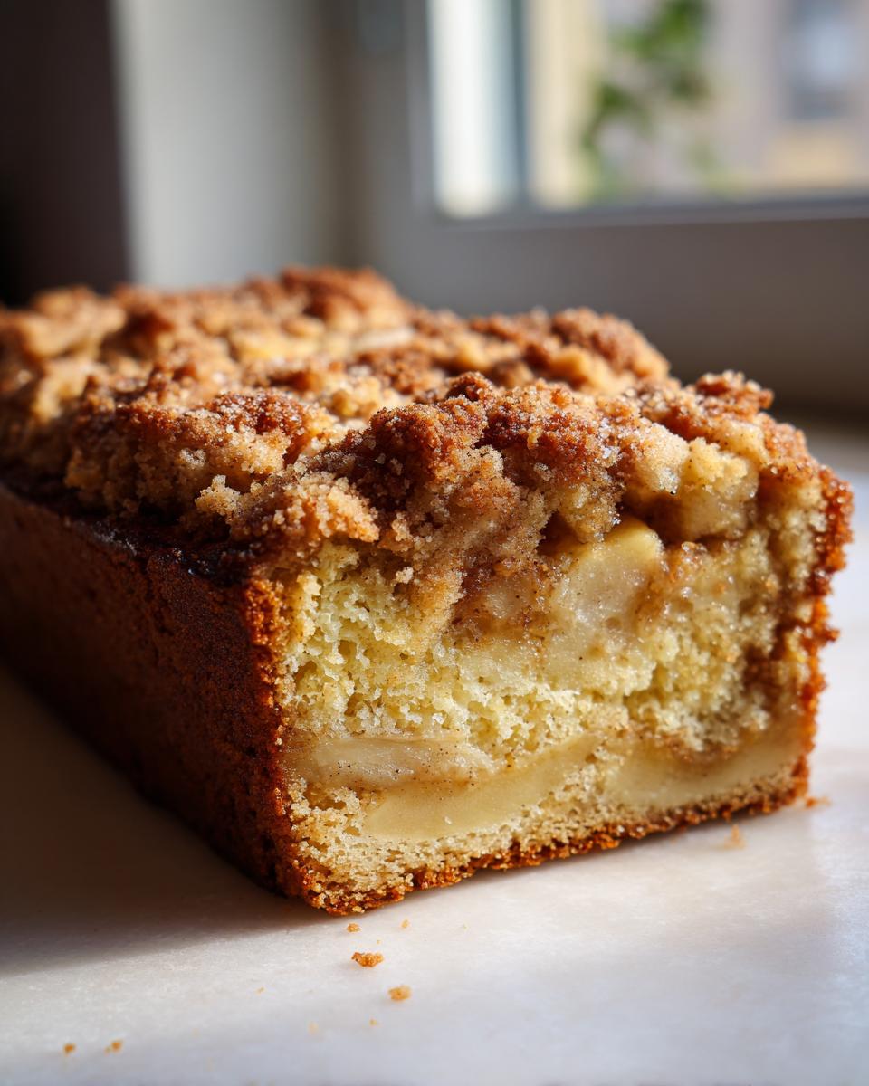Close-up of a slice of apple crumb cake, showing tender cake, chunks of apple, and a cinnamon streusel topping.