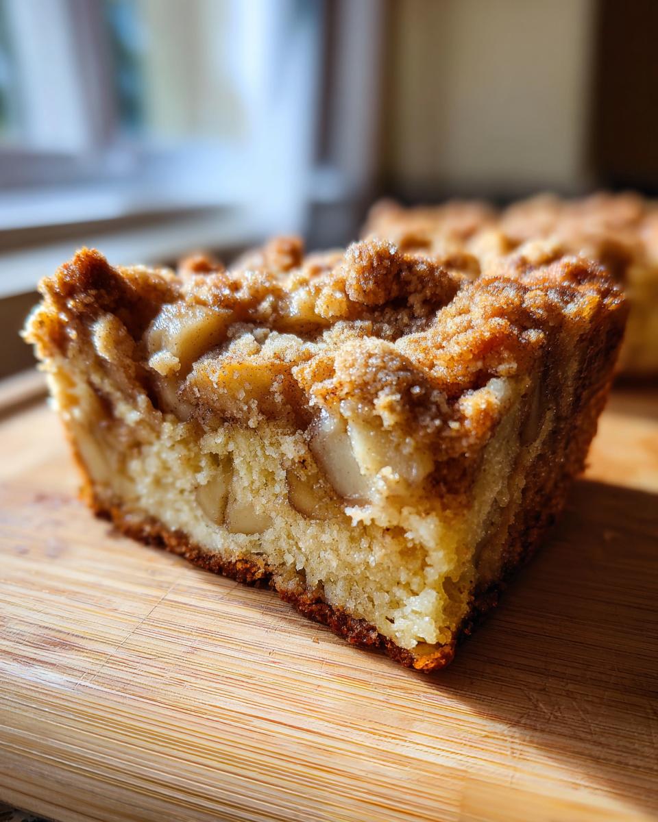 A close-up of a moist slice of apple crumb cake with visible apple chunks and a cinnamon-sugar topping.